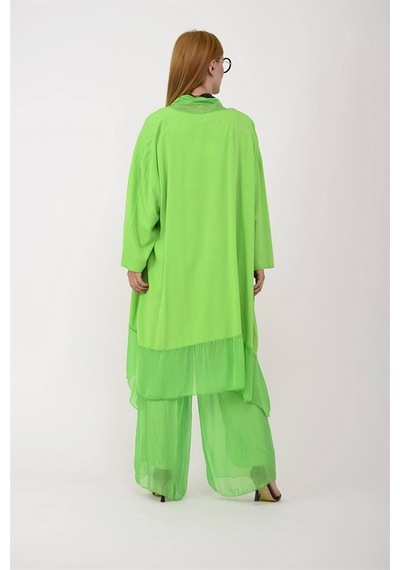 Bohem Stil Italyan Ipek Detaylı Oversize Kap Bluz- Wes Pantolon Takım-8789 Fıstık Yeşili Bohem Stil Italyan Ipek Detaylı Oversize Kap Bluz- Wes Pantolon Takım-8789 Fıstık Yeşili