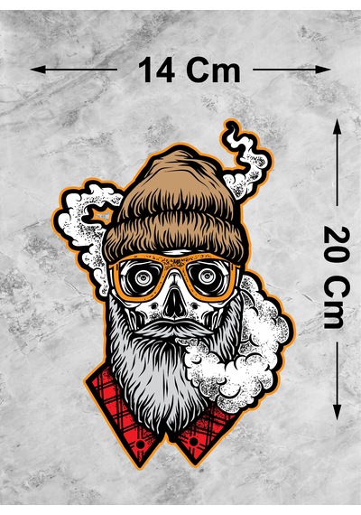 Gözlüklü Pipo Içen Kurukafa Sticker - Dede Kuru Kafa Oto Motosiklet Araba Sticker - 00160 20x14 Cm