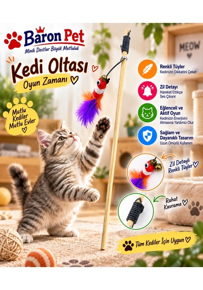 Kedi Oltası Ahşap Saplı Zilli Renkli Tüylü Balık Figürlü Kedi Oyuncağı