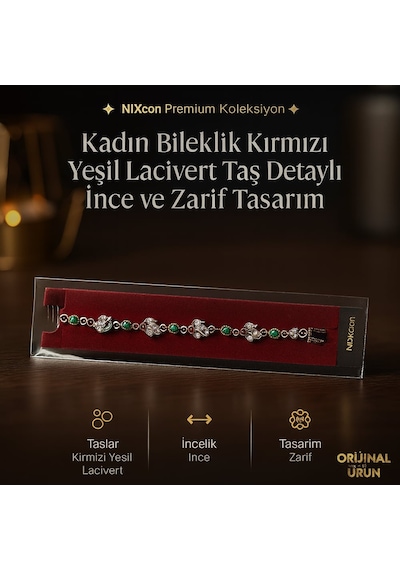 Kadın Bileklik Kırmızı Yeşil Lacivert Taş Detaylı İnce Ve Zarif Tasarım Altın - Çok Renkli