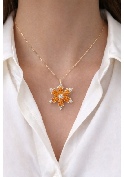 Çekirdekjewelry 925 Ayar Gümüş Turuncu Taşlı Kamelya Çiçeği Kolye Sarı Turuncu