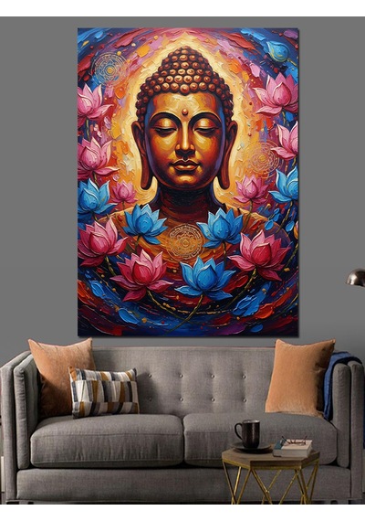 Ahşap Tablo Renkli Lotus Çiçekleri Ve Buda Heykeli Meditasyon Işık