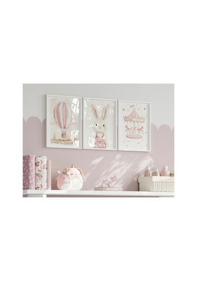 Sevimli Pudra Pembesi Set, Çocuk Ve Bebek Odası 3'lü Çerçevesiz Poster Seti 3 Adet
