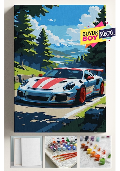 Sayılarla Boyama Seti Numaralı Tuval Fırça Boya Dahil Kasnaklı Set 50x70 Cm - Beyaz Araba