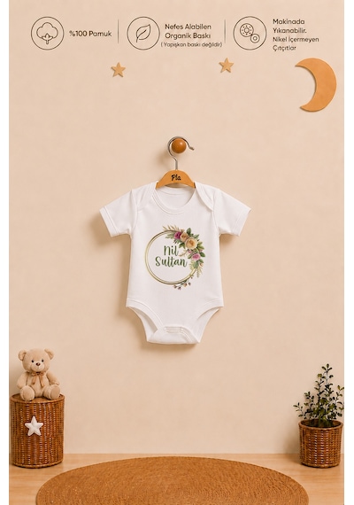 Pia Baby İsimli Kız Bebek Hediye Seti %100 Pamuk Organik Baskılı Body Yastık Kılıfı Ve Ham Bez Bebek Kıyafet Kesesi 1094byk2x Ekru