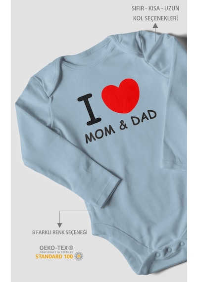 I Love Mom And Dad Baskılı Bebek Zıbını Çıtçıtlı Body %100 Pamuk Uzun Kol Bebe Mavisi