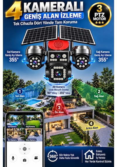 4g Solar Güvenlik Kamerası 4 Kameralı 3 Ptz Çift Solar Panel İnsan Takip Gece Görüş Siren Ip66