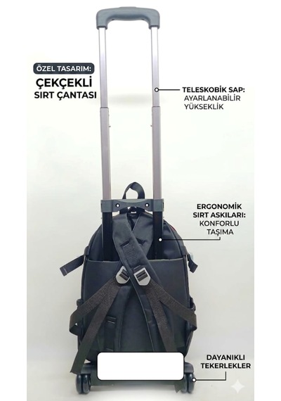 2 Kademeli Çekçekli Tekerlekli Karekter Desenli Erkek 3 Lü Set Takım İlkokul Sırt Çantası 40 27 17cm Siyah/kırmızı