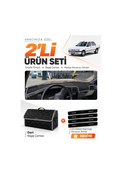 E-biz Renault 19 Europa 1996-2003 Uyumlu Torpido Örtüsü + Deri Bagaj Çantası - Siyah-gri - Re004