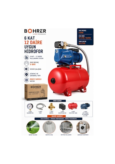 Böhrer Ba011428 6 Kat 12 Daire Uygun 1.5 Hp 50l Otomatik Hidrofor Su Pompası - Bakır Sargılı