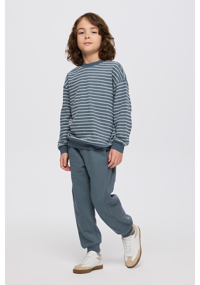 Panço Erkek Çocuk Çizgi Desenli Petrol Sweatshirt Mavi