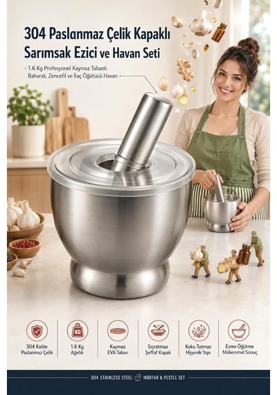 Sarımsak Ezici Ve Havan Seti - Kapaklı 1.6 Kg Profesyonel Kaymaz Tabanlı Baharat, Zencefil Ve İlaç Öğütücü Hav