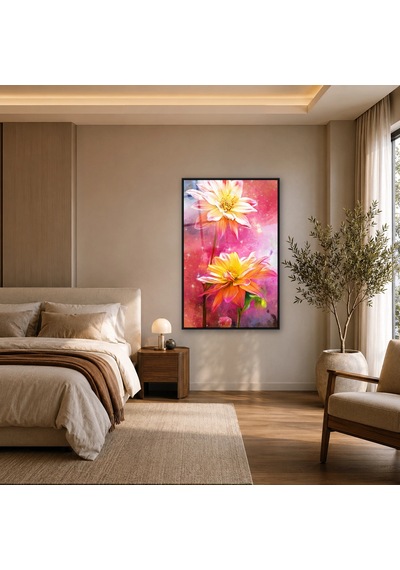 Pembe Yıldızlı Fonda Dalyalar Siyah Çerçeveli Cam Tablo