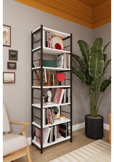 Asra Trend 6 Raflı Metal Kitaplık METALK01 %100 MDF Tek Modül Modern Kütüphane Beyaz