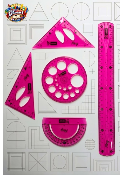 Cetvel, Gönye, Açı Ölçer Ve Daire Şablonu Seti 30 Cm Esnek Kırılmaz Cetvel Takımı 5 Li Set Pembe