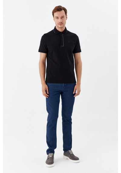 Sabri Özel Siyah %100 Pamuk Gizli Fermuarlı Polo Yaka T-shirt