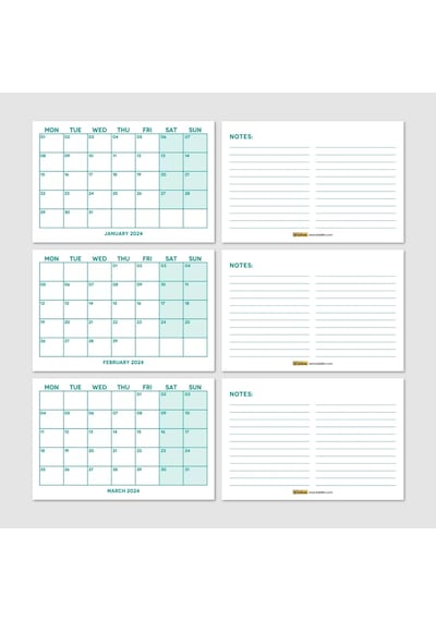 Yeşil Renkli Aylık Planlama 2027 Takvim, 2027 Masa Takvimi, Green Color Monthly Planner Calendar