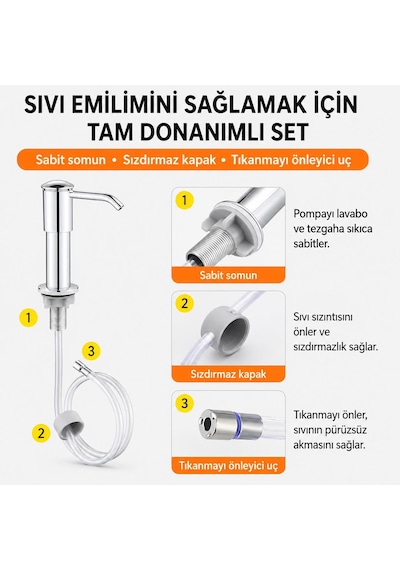 Valkyrie Ankastre Sıvı Sabunluk Pompası Tezgah Üstü Deterjanlık Uzatma Hortumlu Gümüş
