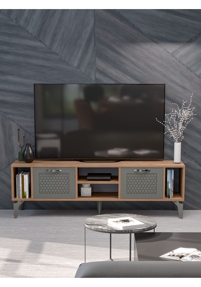 Tv Sehpası Tv Ünitesi Atlantik Çam Antrasit Gümüş 160 Cm Linya 5041 Metalik