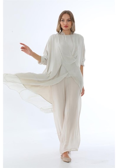 Bohem Stil Italyan Ipek Detaylı Oversize Kap Bluz- Wes Pantolon Takım-8789 Bej