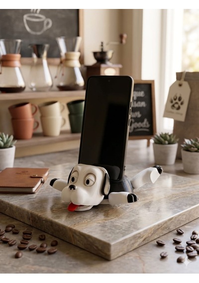 Sevimli Köpek Figürlü 2'si 1 Arada Telefon Standı Ve Bardak Altlığı - 3d Tasarım Beyaz Beyaz - Siyah