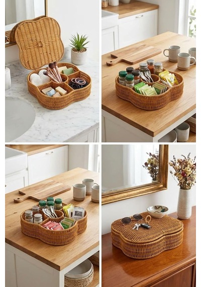 Kapaklı 5 Bölmeli Hasır Desenli Plastik Rattan Organizer Kutu, Doğal Rattan Rengi, 30x30x7.5 Cm, Çok Amaçlı Sakla Diğer