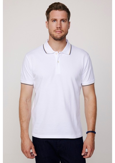 Tudors Erkek Slim Fit Dar Kesim %100 Pamuk Düz Pike Kol Şeritli Beyaz Polo Yaka Tişört-27645 Beyaz
