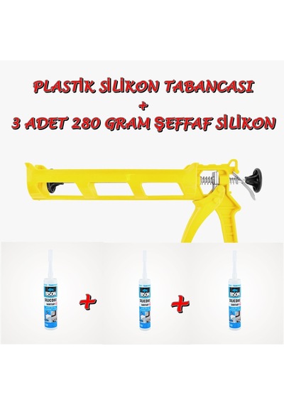 3 Adet 280 Gram Şeffaf Silikon + Plastik Silikon Tabancası