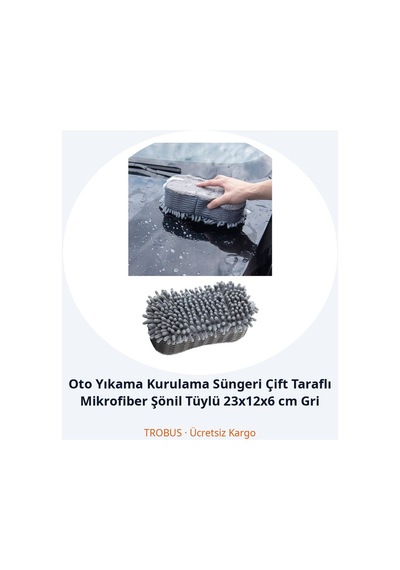 Trobus Oto Yıkama Kurulama Süngeri Çift Taraflı Mikrofiber Şönil Tüylü 23x12x6 Cm Gri