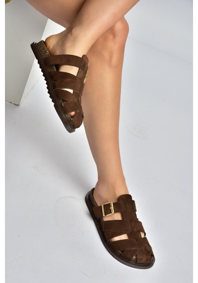 Fox Shoes Y596549502 Kahverengi Süet Tokalı Önü Kapalı Kadın Terlik