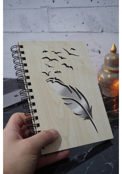 Kuş Tüy Desenli Ahşap Defter - Ajanda - 120 Sayfa Çizgisiz Defter Ahşap Rengi Banu A5 Notebook Gümüş
