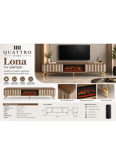 Lona Elektrikli Şömineli Kumsal Ceviz Gold Detaylı Tv Ünitesi 160 Cm Bej
