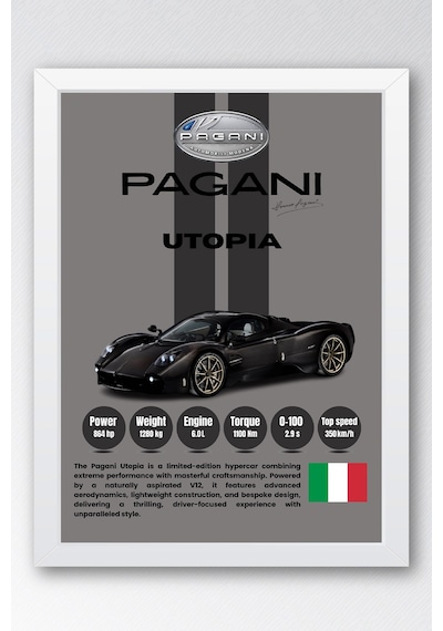 Pagani Utopia Premium Araba Tablosu - V12 Teknik Özellikli İtalyan Otomobil Duvar Dekoru Beyaz