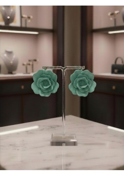 Kadın Küpe Büyük Aqua Yeşil Gül Çiçek Model - 6 Cm Minimalist Halka/çivili Gül Çiçek Küpe