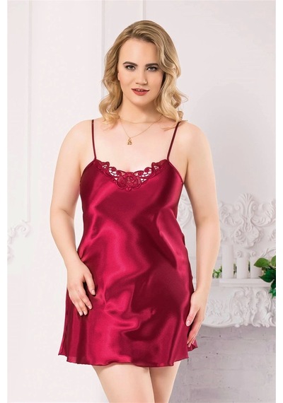Bicomi Büyük Beden Bordo Kısa Saten Gecelik Bordo