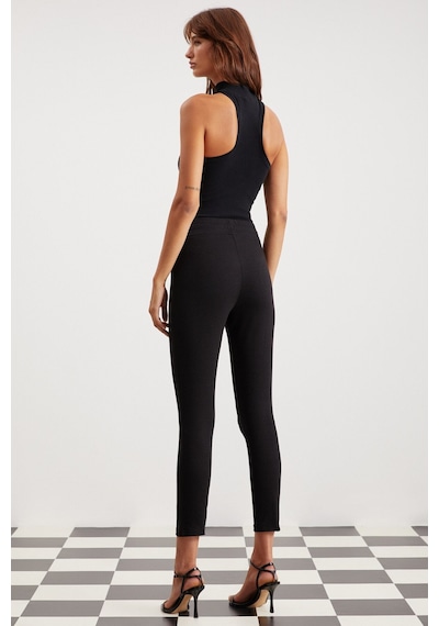 Grimelange Judy Kadın Slim Fit Beli Lastikli Bağlamalı Basic Siyah Tayt