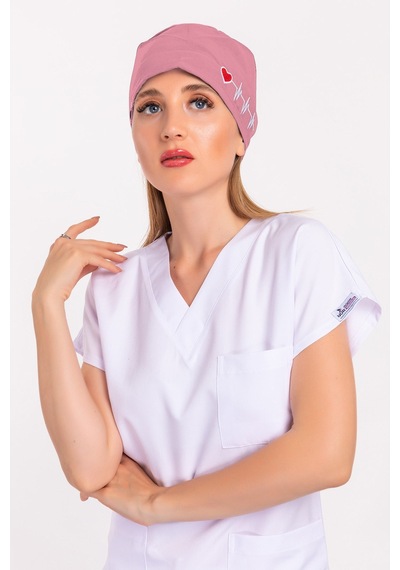 Unisex Koyu Pudra Kalp Ritim Nakışlı Doktor Hemşire Hastane Medikal Cerrahi Bonesi Pudra