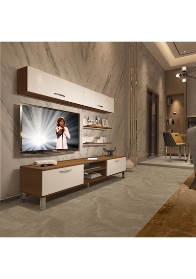 Decoraktiv Eko 5 Mdf Dvd Krom Ayaklı Tv Ünitesi Tv Sehpası - Ceviz Beyaz Ahşap - Beyaz Decoraktiv Eko 5 Mdf Dvd Krom Ayaklı Tv Ünitesi Tv Sehpası - Ceviz Beyaz Ahşap - Beyaz