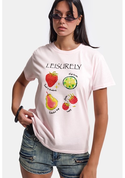 Kadın Pembe Meyve Baskılı Bol Kesim Tasarım T-shirt
