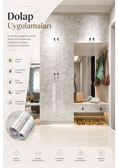 Deconitte Kendinden Yapışkanlı Beyaz Mermer Desenli Pvc Kaplama Folyo Tezgah Masa Dolap 60x100cm