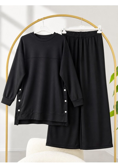 Lovie Moda Kadın Tesettür Yanı Çıtçıtlı Basic Takım Siyah