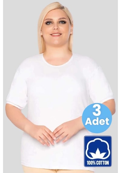 Uniquetrenders Kadın % 100 Pamuklu Büyük Beden Dantelli Kısa Kollu Atlet Fanila 3 Adet Beyaz