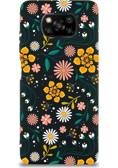 Xiaomi Poco X3 Nfc Uyumlu Lansman Kılıf Çiçek Tasarımlı Içi Kadife Kapak-siyah Çok Renkli
