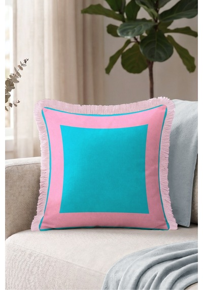 Pop Renkli Çerçeveli Saçaklı Yastık Kılıfı - Retro Boho Turkuaz Krem Püsküllü Kırlent Kılıfı Yalın Düş Ritüel