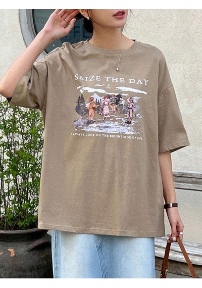 Flood Of Style Kadın Kahverengi Seize The Day Baskılı Oversize T-shirt