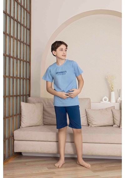 Kıpırık Baby Erkek Çocuk Mavi Desenli Şortlu Pijama Takımı-1266 Mavi