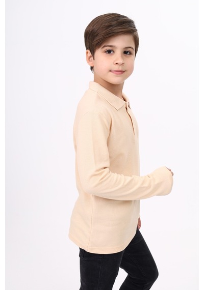Toontoy Kids Toontoy Unisex Polo Yaka Düğmeli Uzun Kollu Tişört Bej