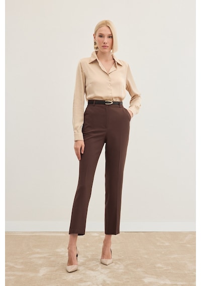 Sateen Kemerli Pantolon - Kahve-136467 Kahve