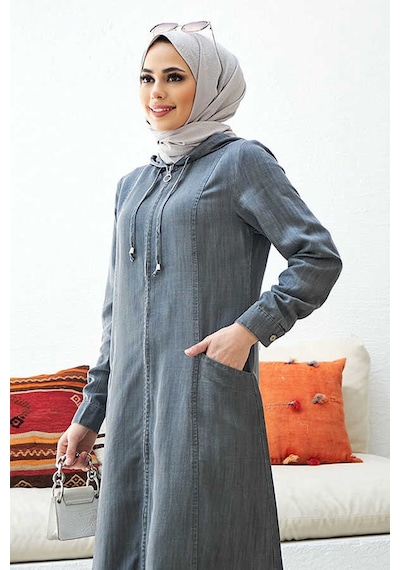 Neways 6463-Kapşonlu Denim Ferace Gri