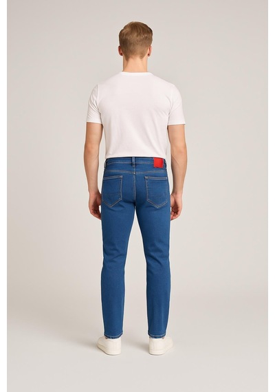 Erkek Slim Fit Dar Paça Esnek Likralı Denim Jeans Kot Pantolon - 7410 Mavi